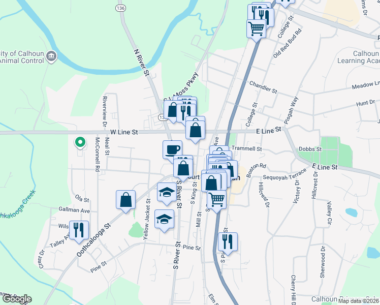 map of restaurants, bars, coffee shops, grocery stores, and more near 409 2nd Avenue in Calhoun