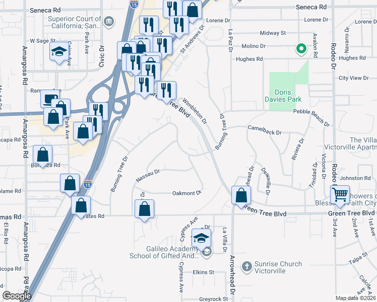 map of restaurants, bars, coffee shops, grocery stores, and more near 13928 Burning Tree Drive in Victorville