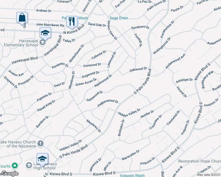 map of restaurants, bars, coffee shops, grocery stores, and more near 3075 Gatewood Drive in Lake Havasu City