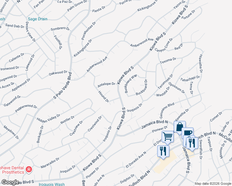 map of restaurants, bars, coffee shops, grocery stores, and more near 3437 Kiowa Boulevard South in Lake Havasu City