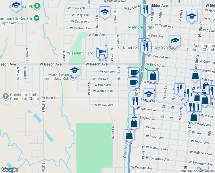 map of restaurants, bars, coffee shops, grocery stores, and more near 1902 West Birch Avenue in Duncan