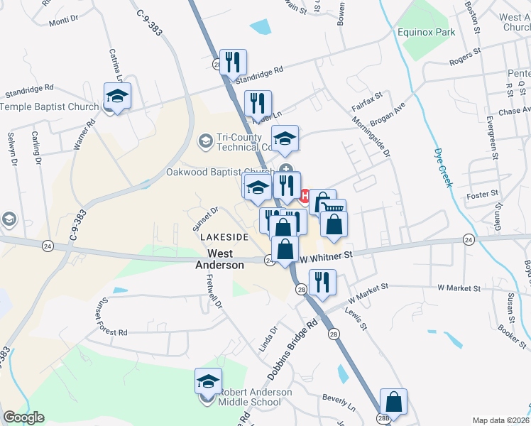 map of restaurants, bars, coffee shops, grocery stores, and more near 315 Pearman Dairy Road in Anderson