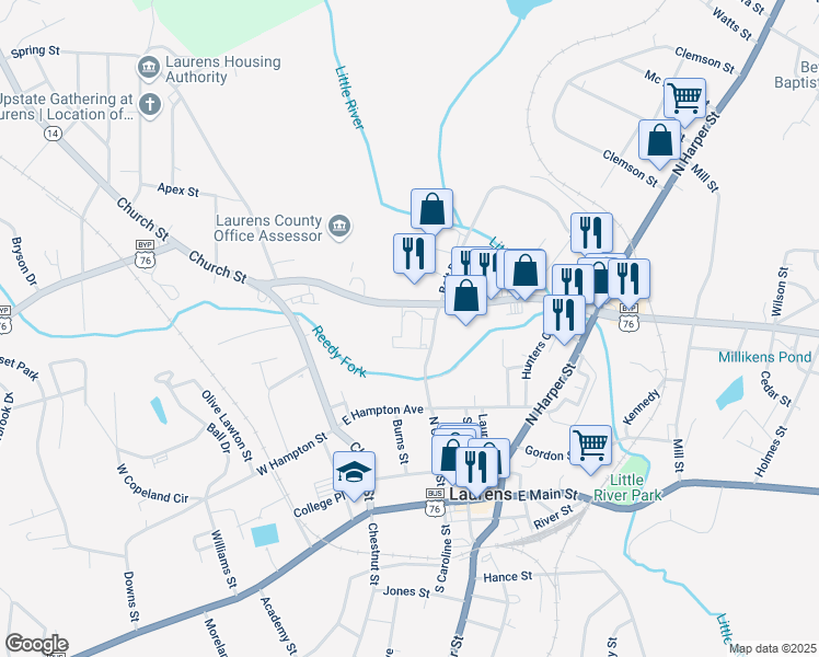 map of restaurants, bars, coffee shops, grocery stores, and more near 301 Hillcrest Drive in Laurens