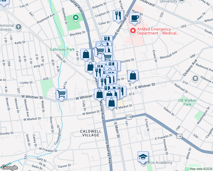 map of restaurants, bars, coffee shops, grocery stores, and more near 129 West Earle Street in Anderson