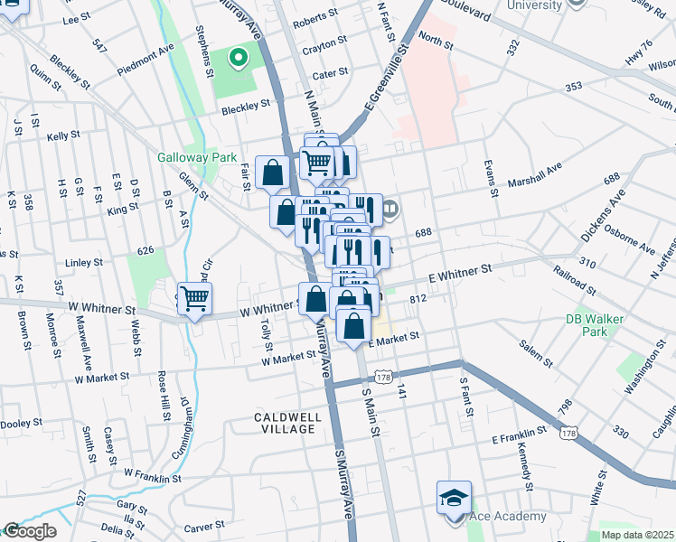 map of restaurants, bars, coffee shops, grocery stores, and more near 129 West Earle Street in Anderson