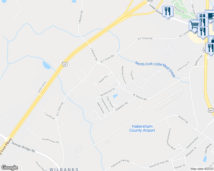 map of restaurants, bars, coffee shops, grocery stores, and more near 412 Baldwin Court in Cornelia