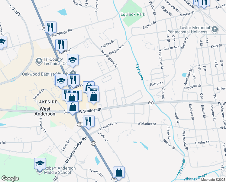 map of restaurants, bars, coffee shops, grocery stores, and more near 119 Chapel Avenue in Anderson