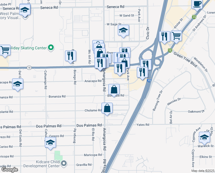 map of restaurants, bars, coffee shops, grocery stores, and more near 14029 Amargosa Road in Victorville