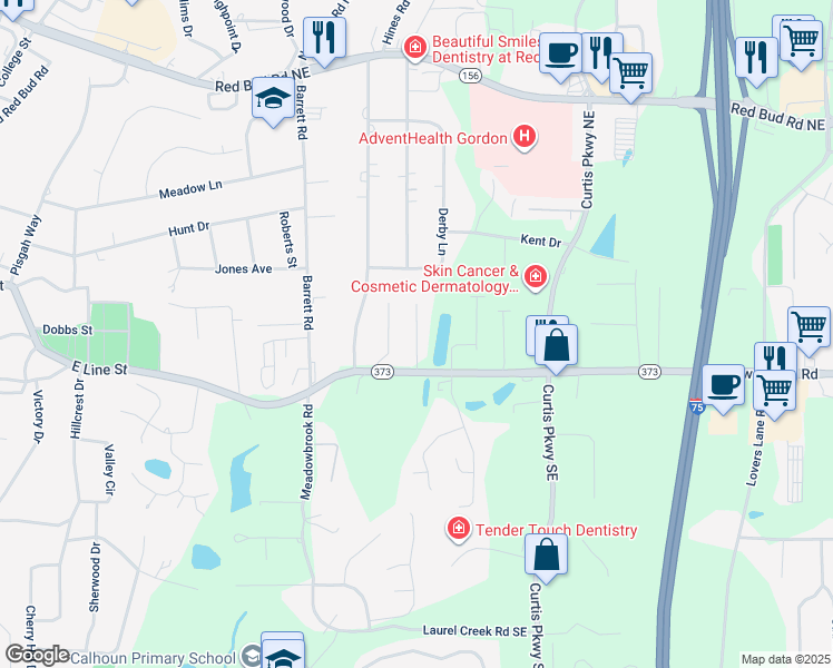 map of restaurants, bars, coffee shops, grocery stores, and more near 108 Towne Lake Drive Northeast in Calhoun
