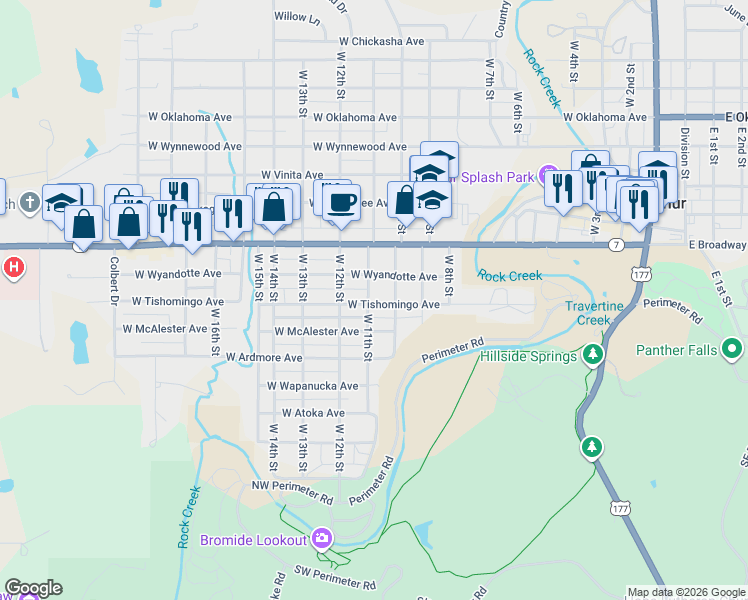 map of restaurants, bars, coffee shops, grocery stores, and more near 700 West 11th Street in Sulphur