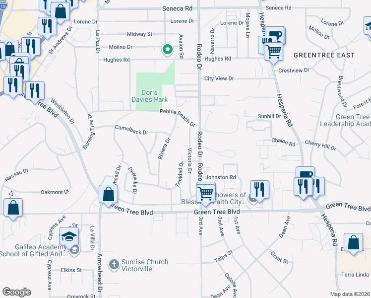 map of restaurants, bars, coffee shops, grocery stores, and more near 13942 Victoria Court in Victorville