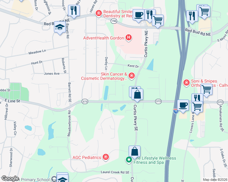 map of restaurants, bars, coffee shops, grocery stores, and more near 1110 Dews Pond Road Northeast in Calhoun
