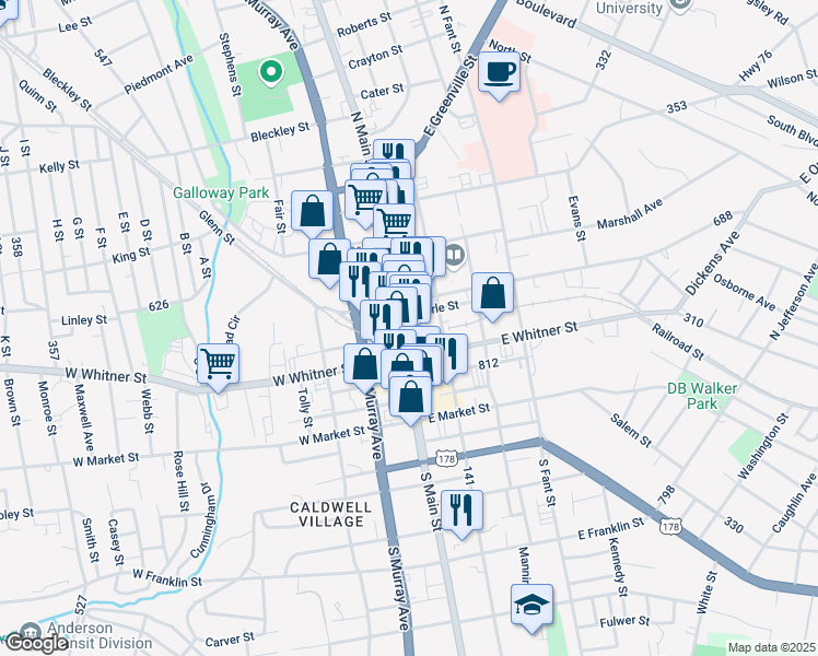 map of restaurants, bars, coffee shops, grocery stores, and more near 130 North Main Street in Anderson