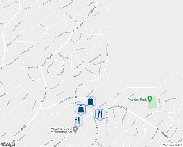map of restaurants, bars, coffee shops, grocery stores, and more near 163 Opossum Drive in Lake Havasu City