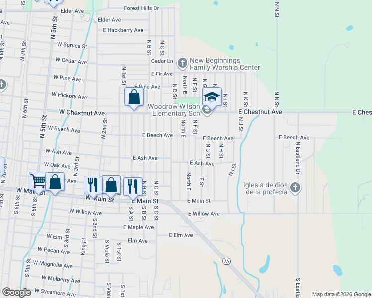 map of restaurants, bars, coffee shops, grocery stores, and more near 312 North E Street in Duncan