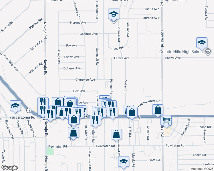 map of restaurants, bars, coffee shops, grocery stores, and more near 13892 Pioneer Road in Apple Valley
