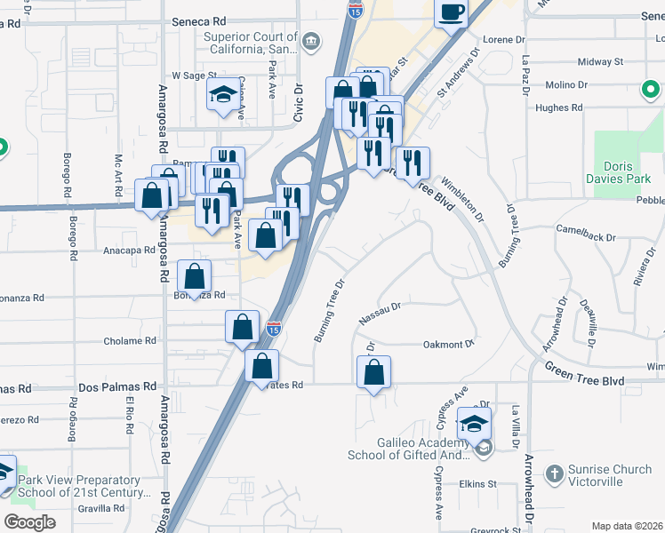 map of restaurants, bars, coffee shops, grocery stores, and more near 15673 Kingswood Drive in Victorville