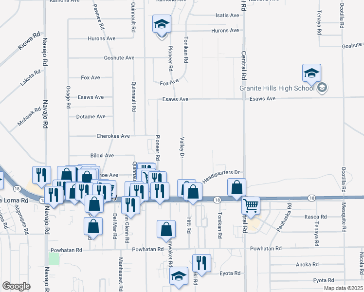 map of restaurants, bars, coffee shops, grocery stores, and more near Valley Drive in Apple Valley