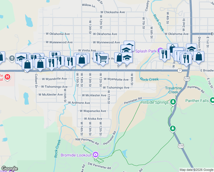 map of restaurants, bars, coffee shops, grocery stores, and more near 700 West 11th Street in Sulphur