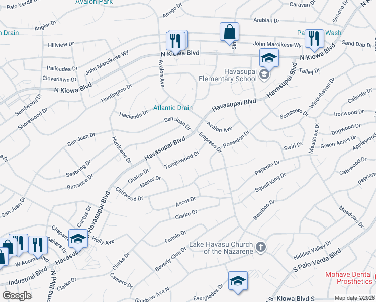 map of restaurants, bars, coffee shops, grocery stores, and more near 2619 Tanglewood Place in Lake Havasu City