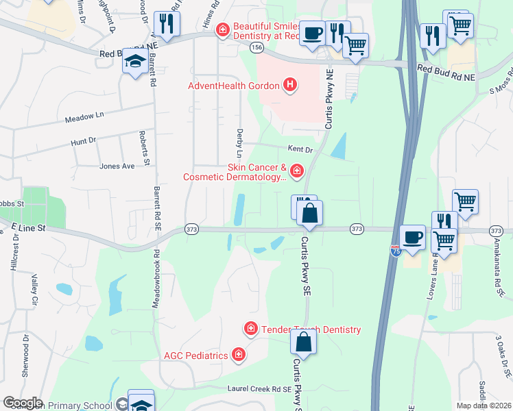 map of restaurants, bars, coffee shops, grocery stores, and more near 110 Waterside Ridge in Calhoun
