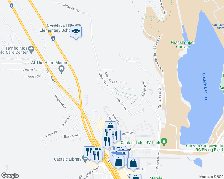 map of restaurants, bars, coffee shops, grocery stores, and more near Ridge Route Road in Castaic