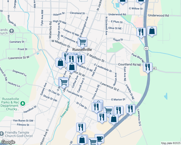 map of restaurants, bars, coffee shops, grocery stores, and more near 100-198 Carroll Ave N in Russellville