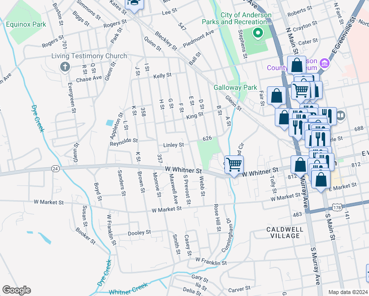 map of restaurants, bars, coffee shops, grocery stores, and more near 110 North Prevost Street in Anderson