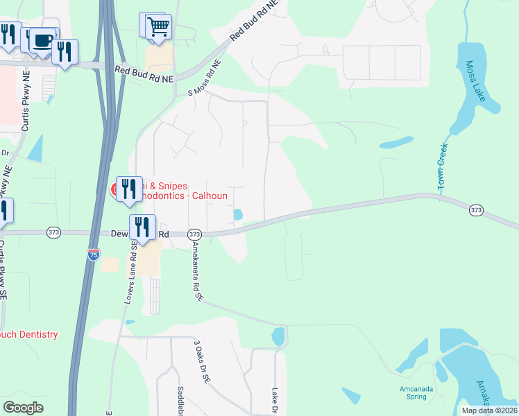 map of restaurants, bars, coffee shops, grocery stores, and more near 108 Shenandoah Drive Northeast in Calhoun
