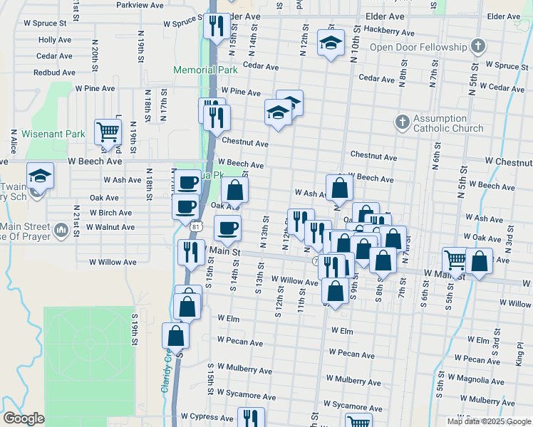 map of restaurants, bars, coffee shops, grocery stores, and more near 1216 West Oak Avenue in Duncan