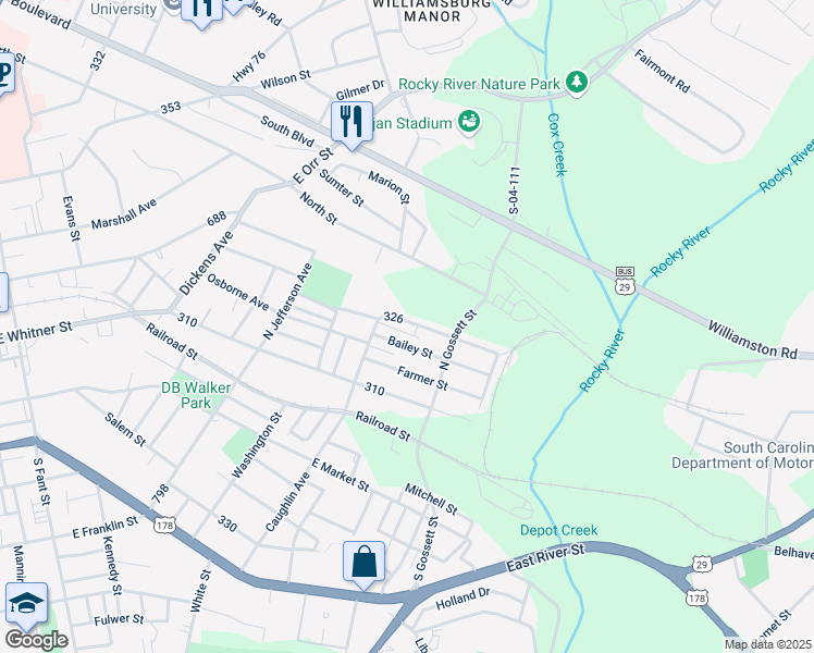map of restaurants, bars, coffee shops, grocery stores, and more near 410 Hudgens Street in Anderson