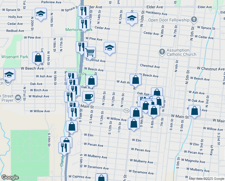 map of restaurants, bars, coffee shops, grocery stores, and more near 1216 West Oak Avenue in Duncan