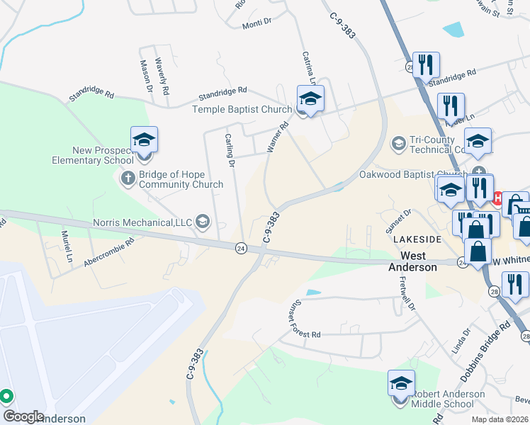 map of restaurants, bars, coffee shops, grocery stores, and more near 109 Warner Road in Anderson