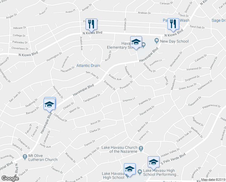 map of restaurants, bars, coffee shops, grocery stores, and more near 2699 Poseidon Drive in Lake Havasu City