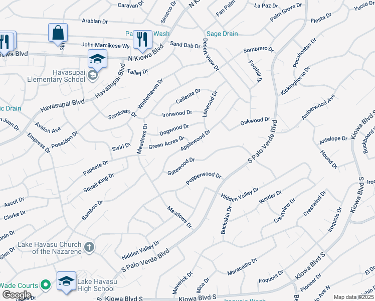 map of restaurants, bars, coffee shops, grocery stores, and more near 3030 Applewood Drive in Lake Havasu City