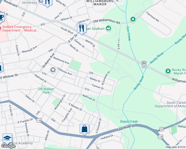 map of restaurants, bars, coffee shops, grocery stores, and more near 408 Hudgens Street in Anderson