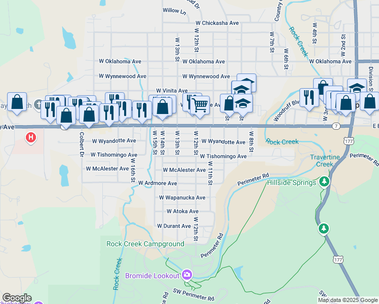 map of restaurants, bars, coffee shops, grocery stores, and more near 1212 West Tishomingo Avenue in Sulphur