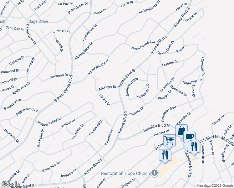 map of restaurants, bars, coffee shops, grocery stores, and more near 3437 Kiowa Boulevard South in Lake Havasu City