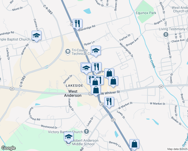 map of restaurants, bars, coffee shops, grocery stores, and more near 315 Pearman Dairy Road in Anderson