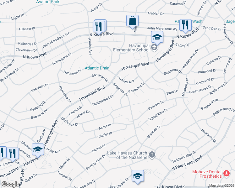 map of restaurants, bars, coffee shops, grocery stores, and more near 2680 Tanglewood Drive in Lake Havasu City