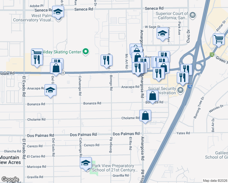 map of restaurants, bars, coffee shops, grocery stores, and more near 15109 Borego Road in Victorville