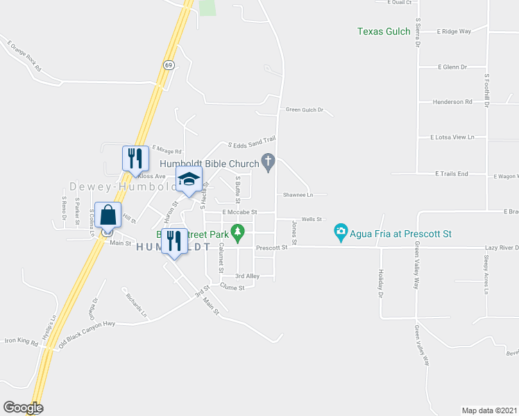 map of restaurants, bars, coffee shops, grocery stores, and more near 13200 East Mccabe Street in Dewey-Humboldt