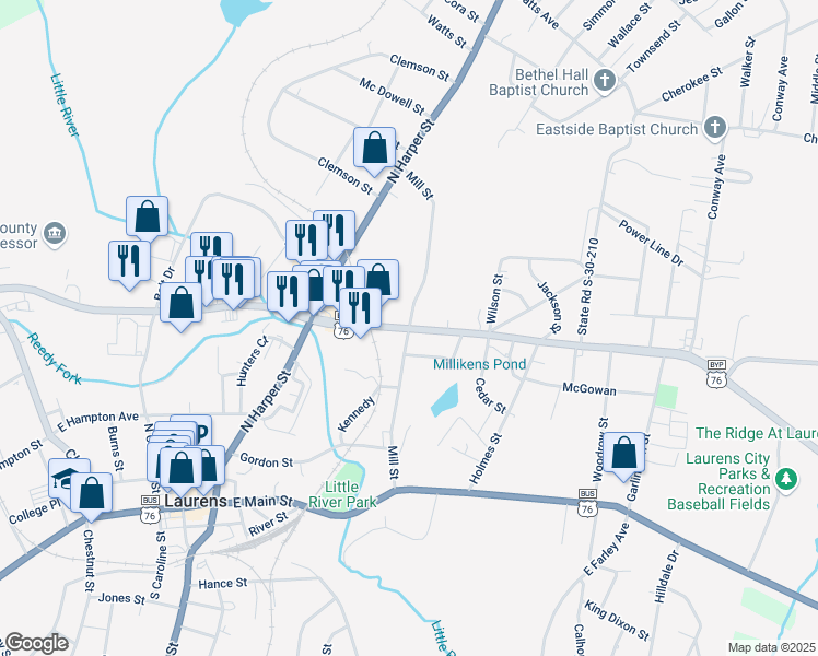 map of restaurants, bars, coffee shops, grocery stores, and more near 324 Mill Street in Laurens
