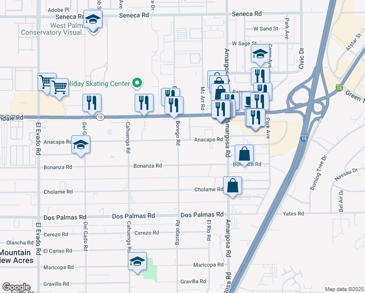 map of restaurants, bars, coffee shops, grocery stores, and more near 15109 Borego Road in Victorville