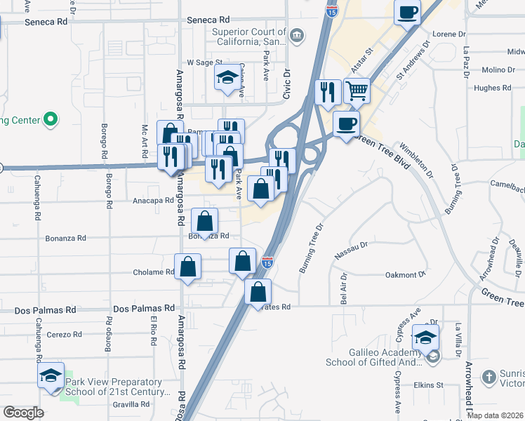 map of restaurants, bars, coffee shops, grocery stores, and more near 15409 Anacapa Road in Victorville