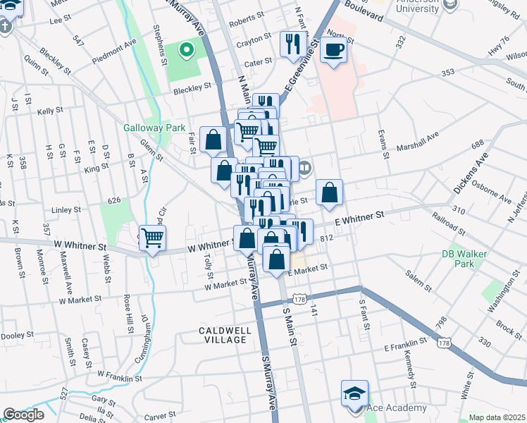 map of restaurants, bars, coffee shops, grocery stores, and more near 129 West Earle Street in Anderson