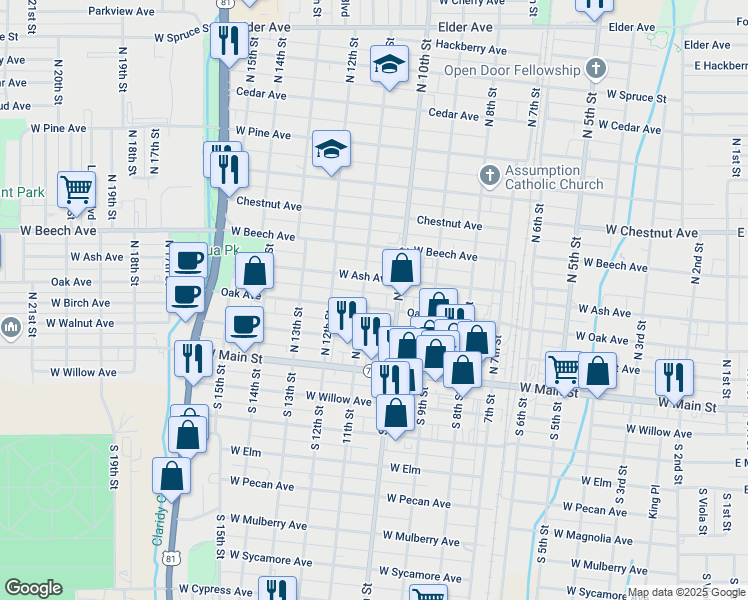 map of restaurants, bars, coffee shops, grocery stores, and more near 1013 West Oak Avenue in Duncan