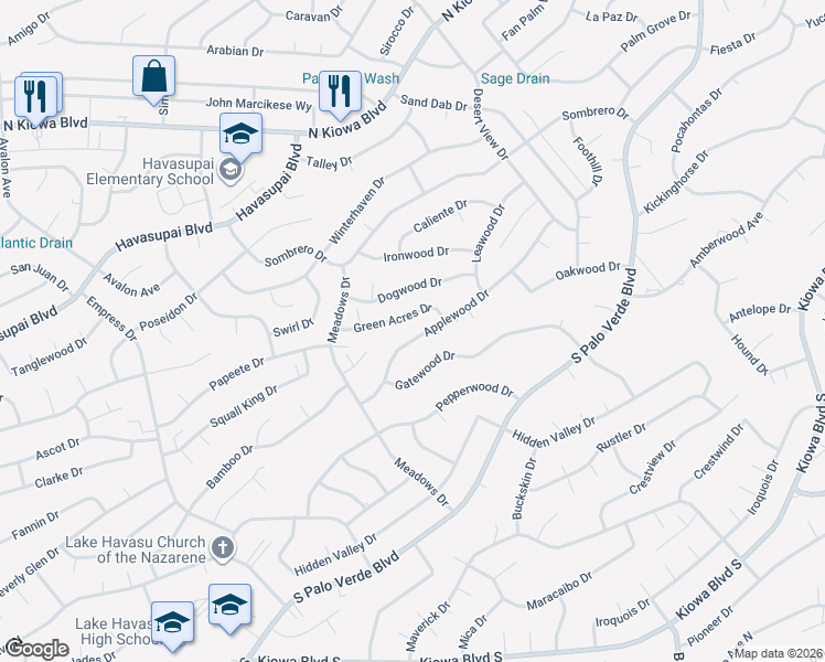 map of restaurants, bars, coffee shops, grocery stores, and more near 2985 Applewood Drive in Lake Havasu City