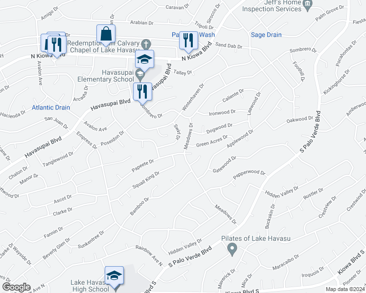map of restaurants, bars, coffee shops, grocery stores, and more near 655 Meadows Drive in Lake Havasu City