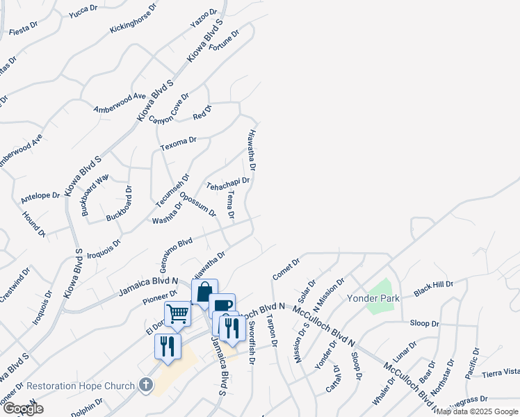 map of restaurants, bars, coffee shops, grocery stores, and more near 277 Geronimo Boulevard in Lake Havasu City
